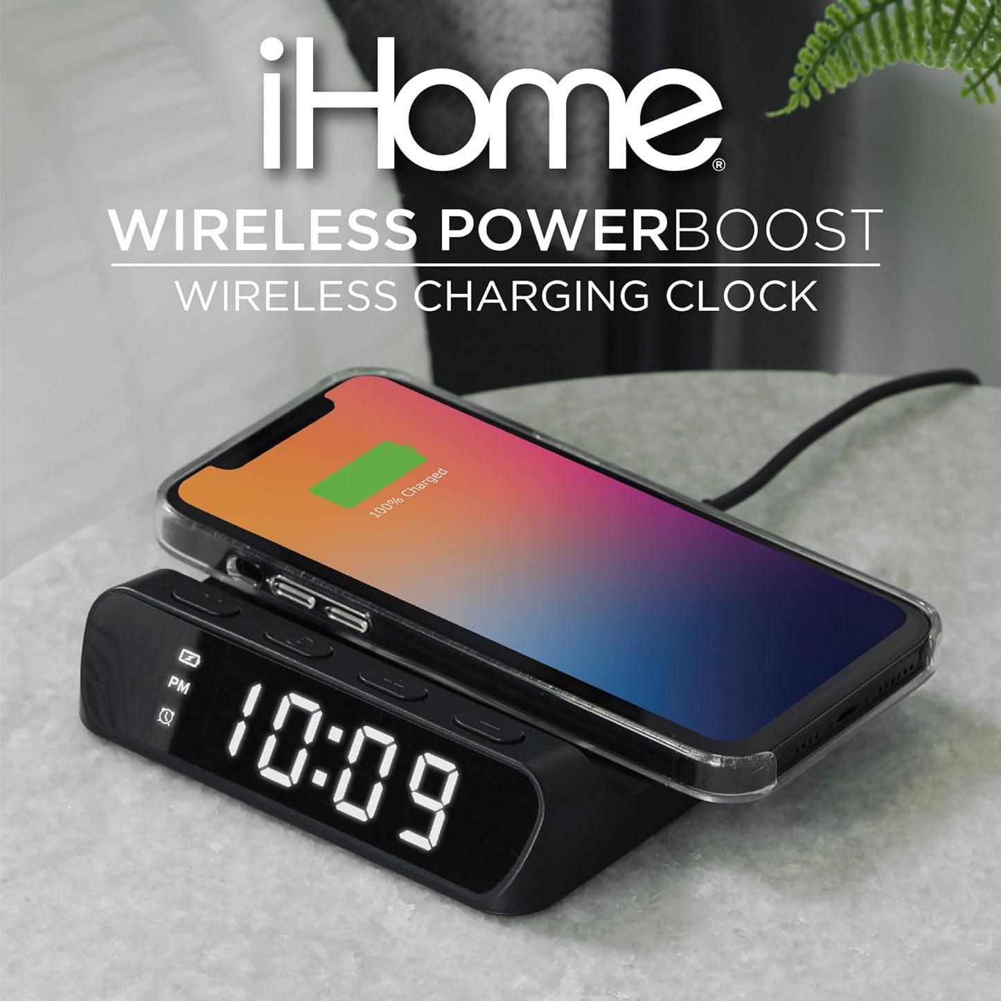 iHome Wireless Charger with Alarm Clock, Compact Digital Alarm Clock for Bedroom, Home Office, or Dorm (iW14)