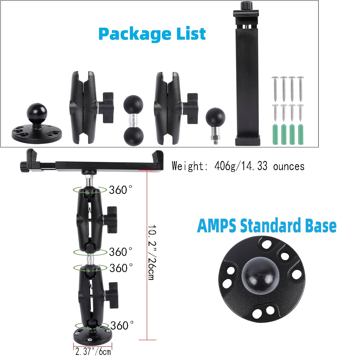 Aluminum Heavy Duty Drill Base Car Tablet Mount for 6.5"-12.9" Tablets/iPad Pro/Mini/Samsung Tab/Surface, 360° Adjustable 2-Stage Tablet Holder for Truck, Business Vehicle, Desktop, Wall, etc.