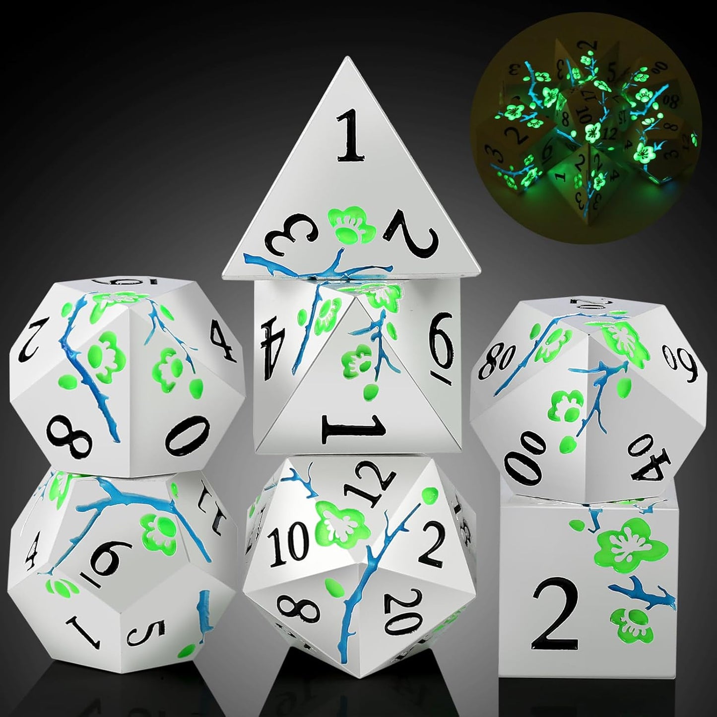 Glow in The Dark Metal Dice, DNDND 7 PCS Green Metallic D&D Dice Set with Gorgeous Gift Case for Dungeons and Dragon Tabletop Game (Glow in The Dark Green)