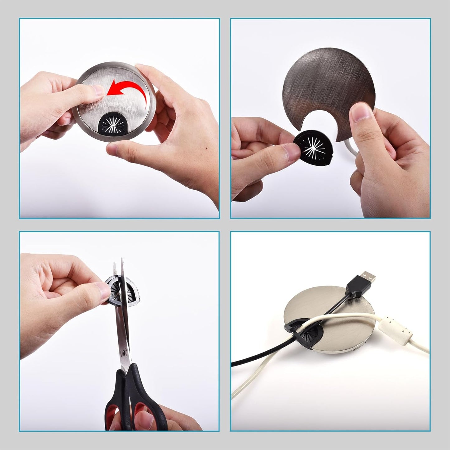 Desk Grommet 2-3/8 Inch 60mm, Zinc Alloy Computer Desk Wire Hole Cover, Office Desktop Cord Cable Hole Metal Ring, Bright Silver