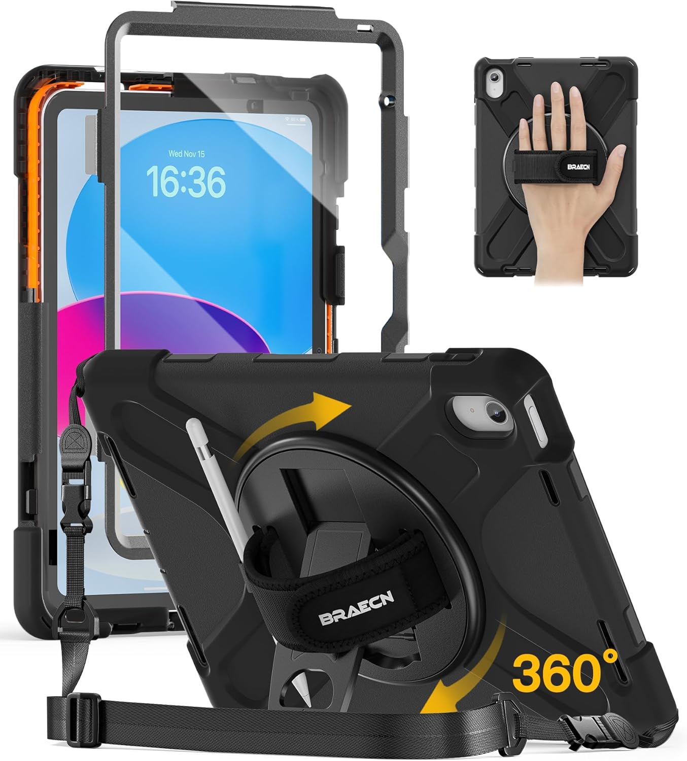 BRAECN for iPad (A16) 11th/10th Generation case 11/10.9 inch 2025/2022 Heavy Duty Shockproof Protective with Pencil Holder Screen Protector 360°Rotating Stand Handle & Shoulder Strap Full Body Cover