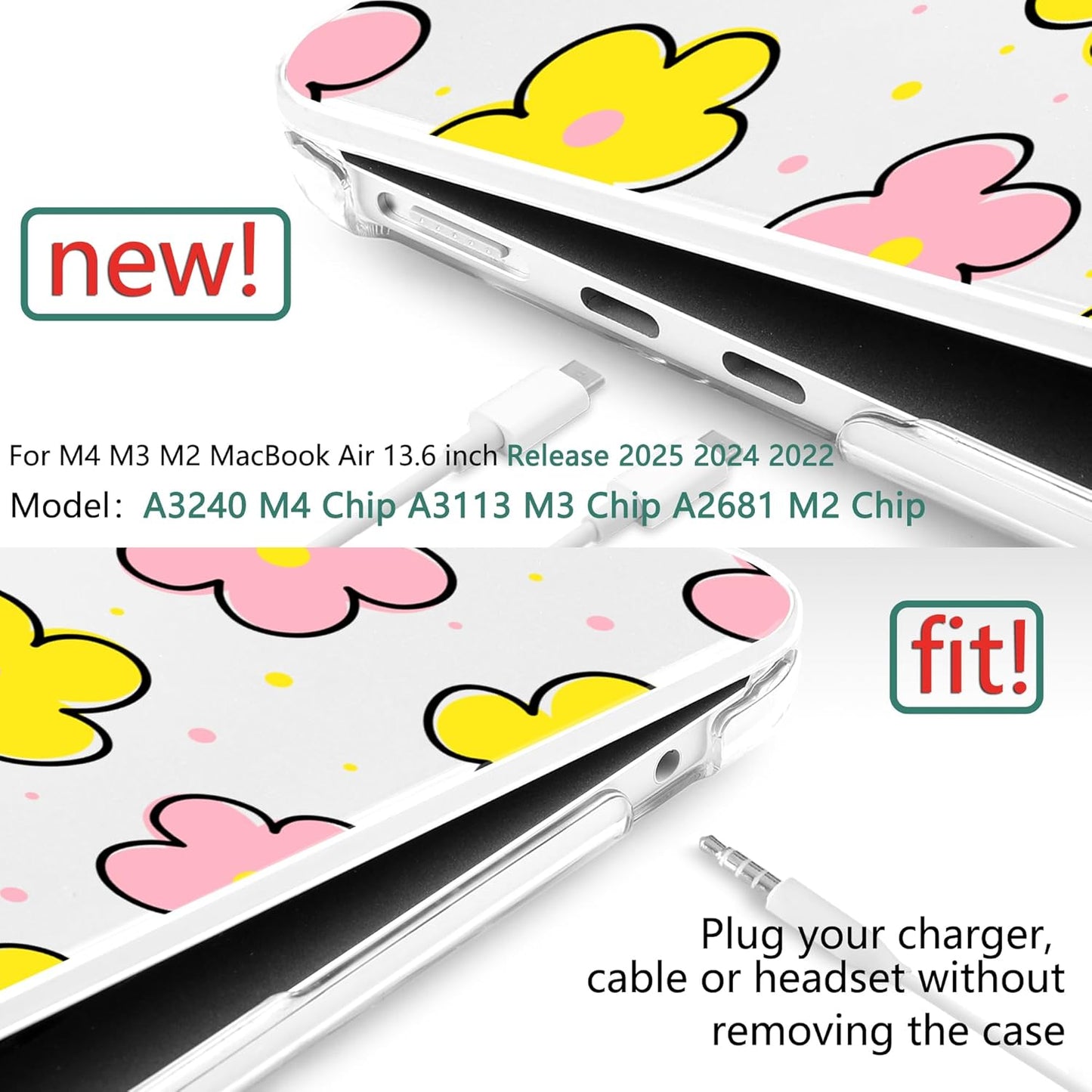 TWOLSKOO Compatible with M4 MacBook Air 13.6 inch Case 2025-2022 Release M4 A3240 M3 A3113 M2 A2681, Plastic Hard Shell & Keyboard Cover & Type C Adapter & Screen Protector, Cute Flowers