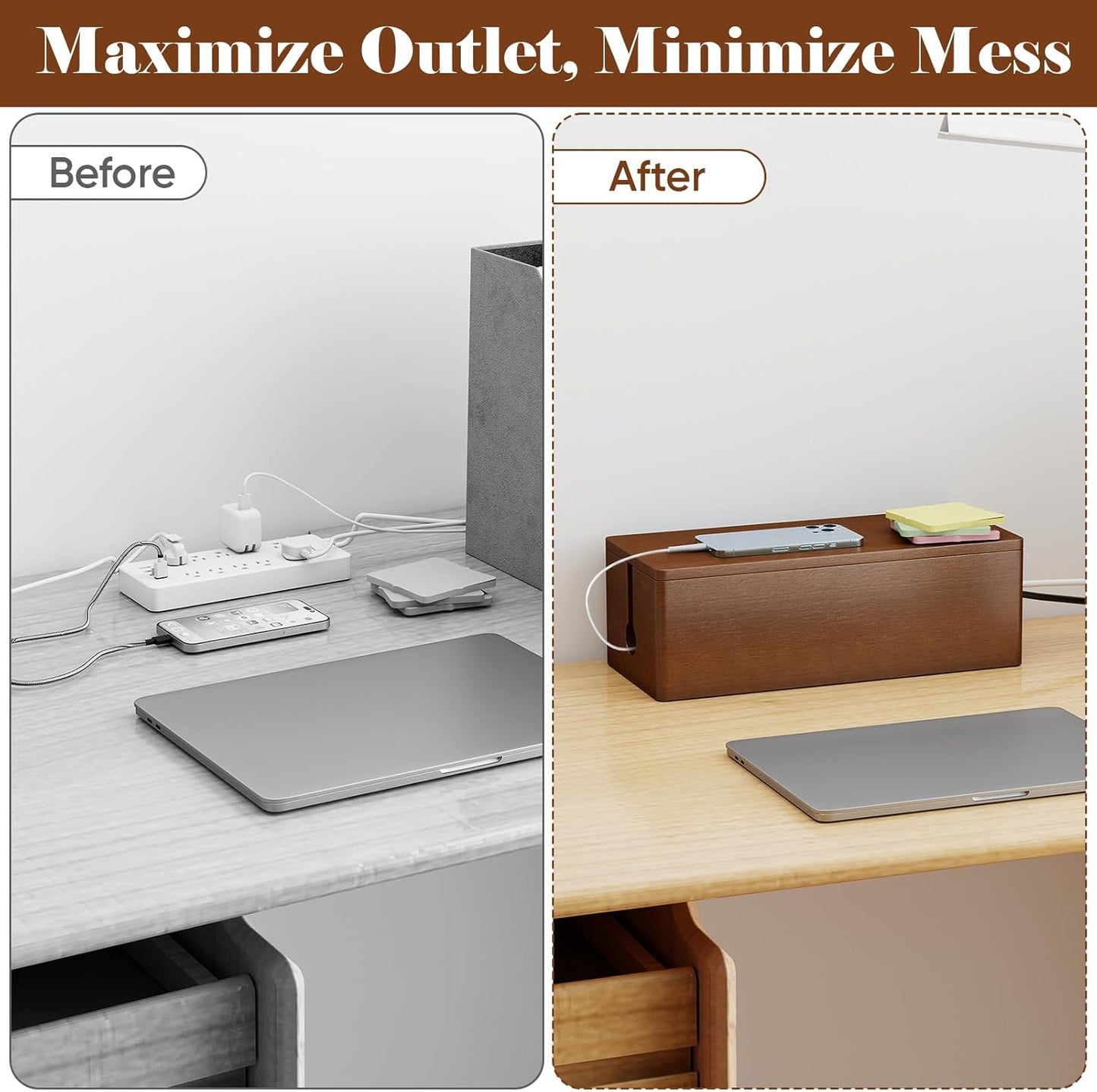 Delamu Wooden Cable Management Box with Magnetic Lid, Duty Cord Organizer for Desk Power Strip Hider Cover with Ventilation for Desk, Floor, Home Office, Baby Pets Safe Storage Solution