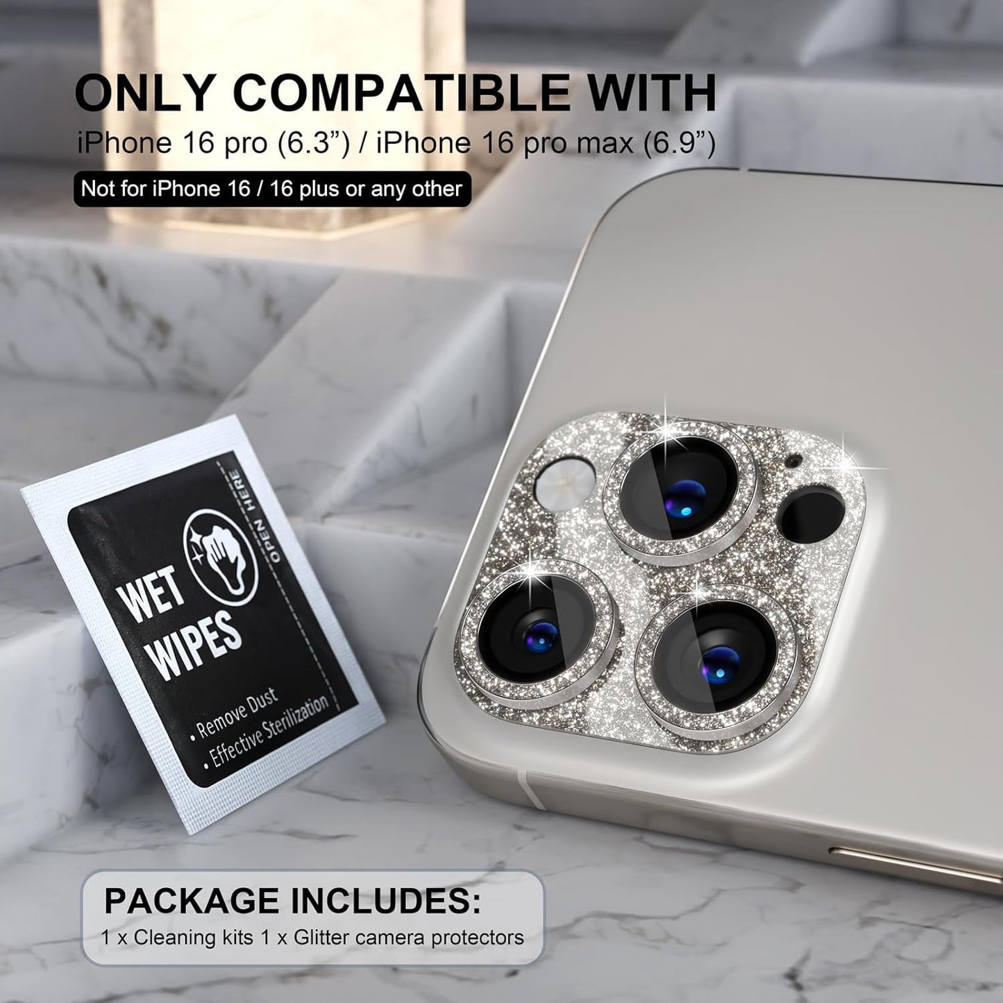 Choiche Compatible for iPhone 16 Pro/iPhone 16 Pro Max Camera Lens Protector, Bling Camera Cover with 9H Tempered Glass Lens Screen Protector Metal Ring Accessories (Glitter-Titanium Natural)