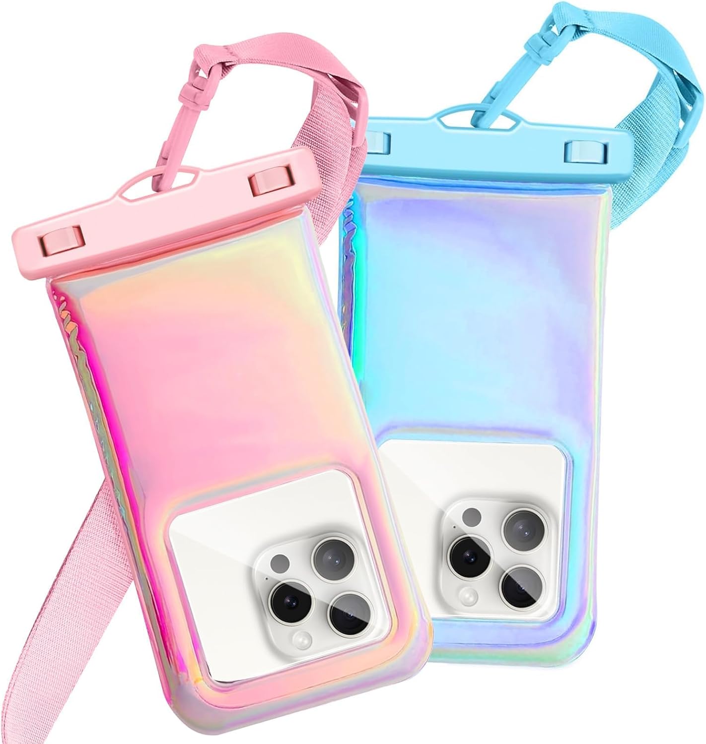 Floatable Waterproof Phone Pouch Case 2 Pax for iPhone 16 Pro Max/15/14/13/12, IP68 Travel Cellphone Dry Bag Beach Cruise Ship Essentials Bags with Crossbody Lanyard, Iridescent Pink and Blue-7″
