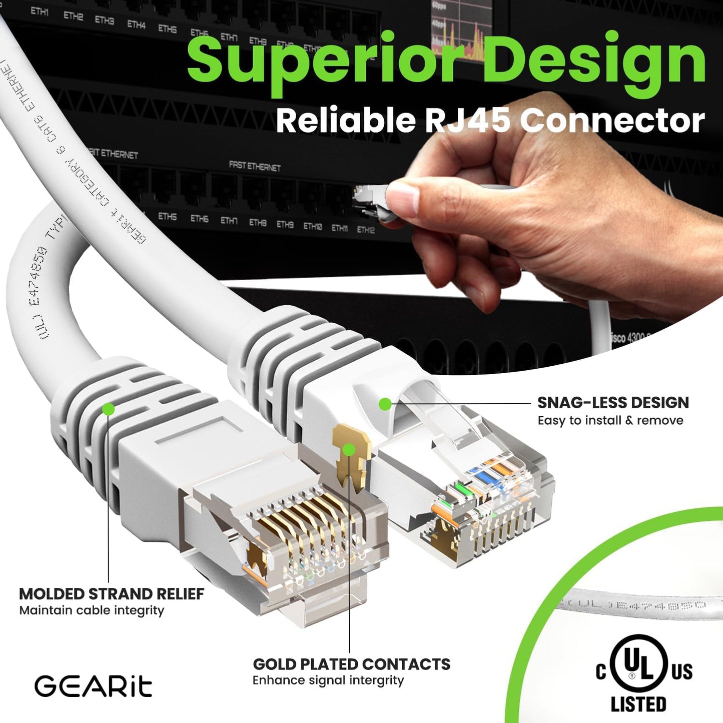 GEARit Cat 6 Ethernet Cable (1-Pack 30 Feet) Cat6 Network Patch, 10Gbps, RJ45, Snagless Cord, Gold-Plated Connectors, Internet for PC, TV, Tablet, Router, Printer, Servers, IT Data Center - White