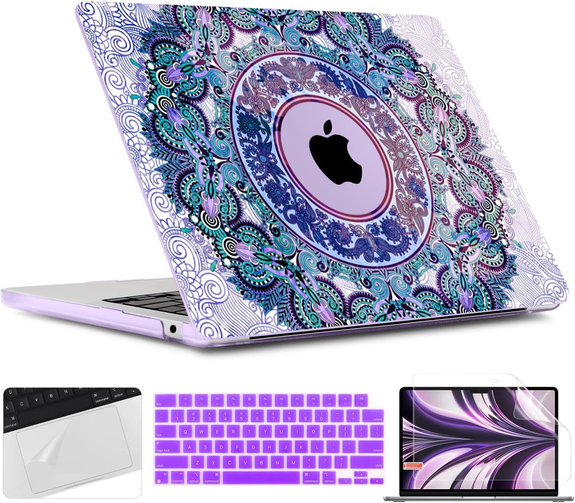 TWOLSKOO for M4 MacBook Air 13.6 inch Case 2025-2022 Release M4 A3240 M3 A3113 M2 A2681, Plastic Hard Shell & Screen Protector & Keyboard Cover & Trackpad Film, Mandala