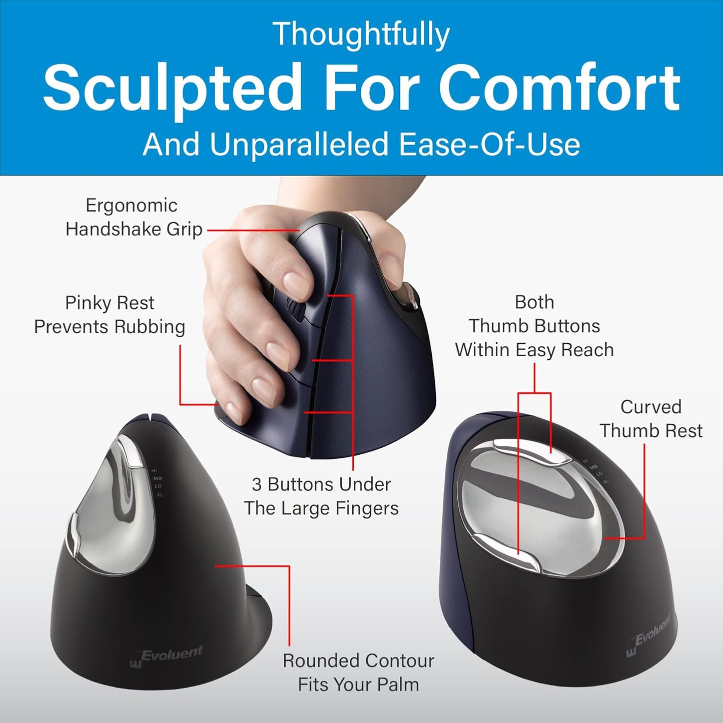 Evoluent – Inventor of the Vertical Mouse – VM4RW Ergonomic Vertical Mouse Right Hand M-to-L Wireless USB, Sculpted for Comfort, Reduces Wrist Strain, Adjustable Speed, Customizable Buttons in Windows
