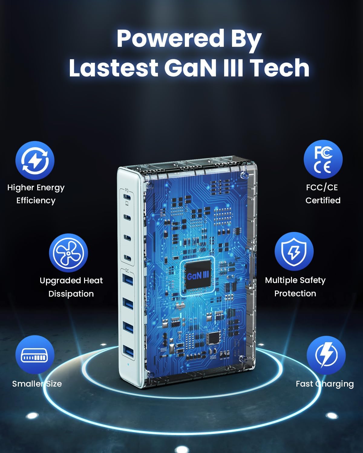 200W USB C Charger Block,8-Ports GaN III Fast Charging Station Hub,PD 65W Laptop Charger Wall Chargers Power Adapter for MacBook Pro/Air,DELL,Steam Desk,iPhone 16/15,Galaxy S25,Pixel-Light Blue