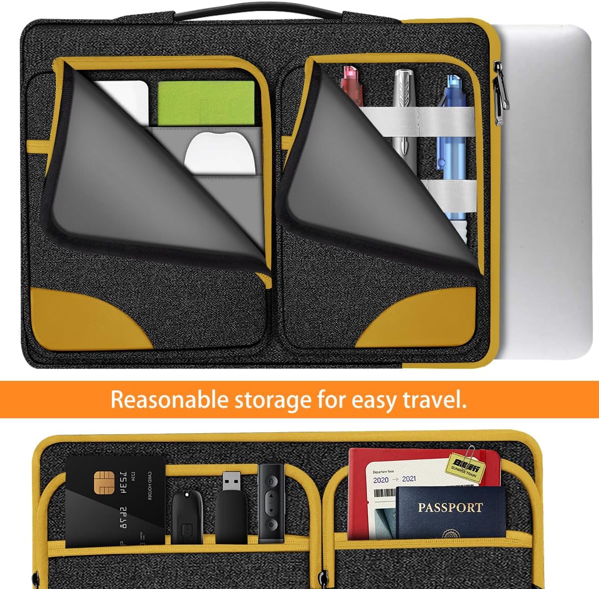 Hseok Laptop Case 15 15.6 16 inch Sleeve with Handle and Hidden Strap,Compatible with MacBook Pro 15.4 16, 360° Protective PC Briefcase with 4 Pockets for Laptop Accessory,Easy to Carrying,Yellow