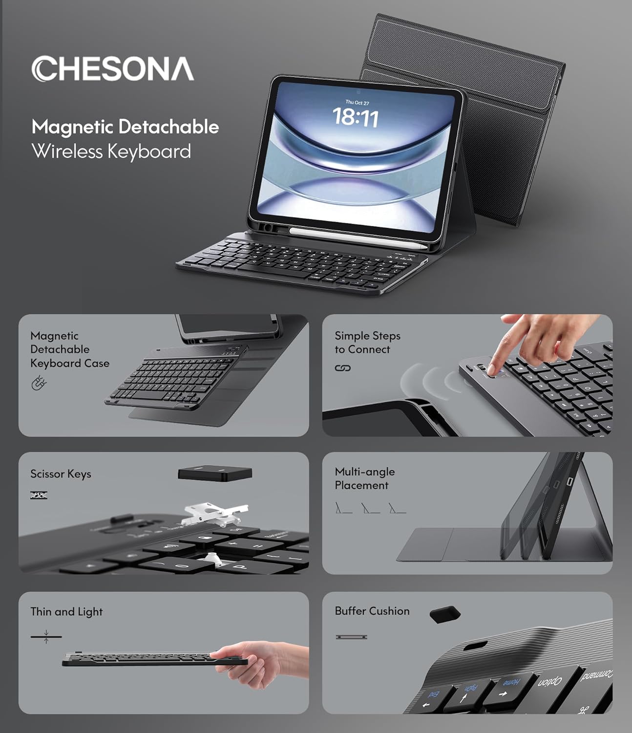CHESONA Keyboard Case for iPad (A16) 11th/10th Generation (2025/2022), Detachable Wireless Keyboard, Stand Folio Keyboard Cover with Pencil Holder, Thin & Light (Black)