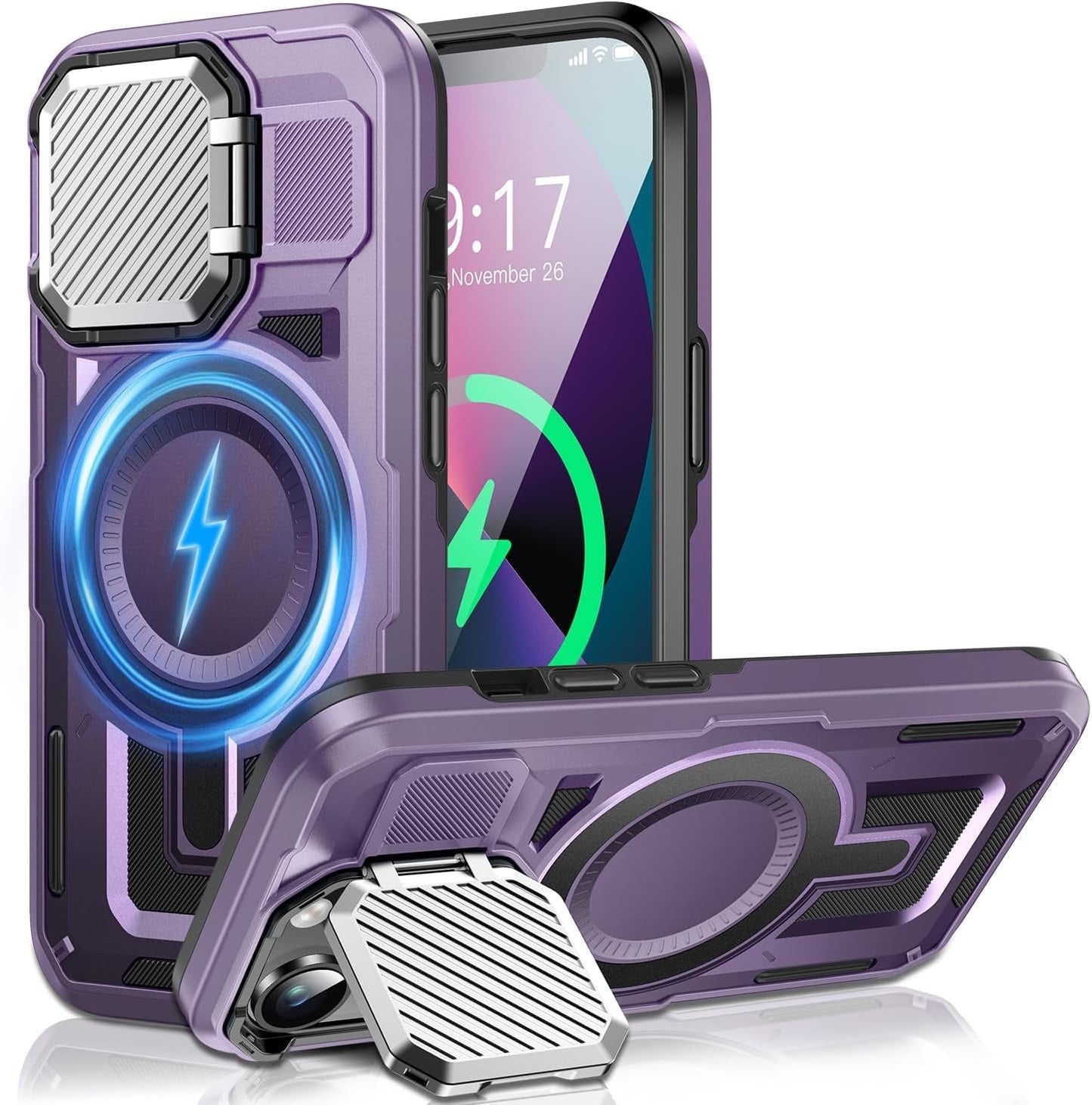Camera Stand Case for iPhone 14 Plus, [Compatible with Mag Safe] [Lens Cover] 2024 Version Military Grade Protective Soft Case for iPhone 14 Plus 6.7 inch Men Women, Purple