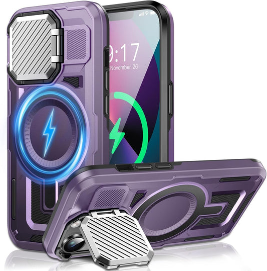 Camera Stand Case for iPhone 14 Plus, [Compatible with Mag Safe] [Lens Cover] 2024 Version Military Grade Protective Soft Case for iPhone 14 Plus 6.7 inch Men Women, Purple