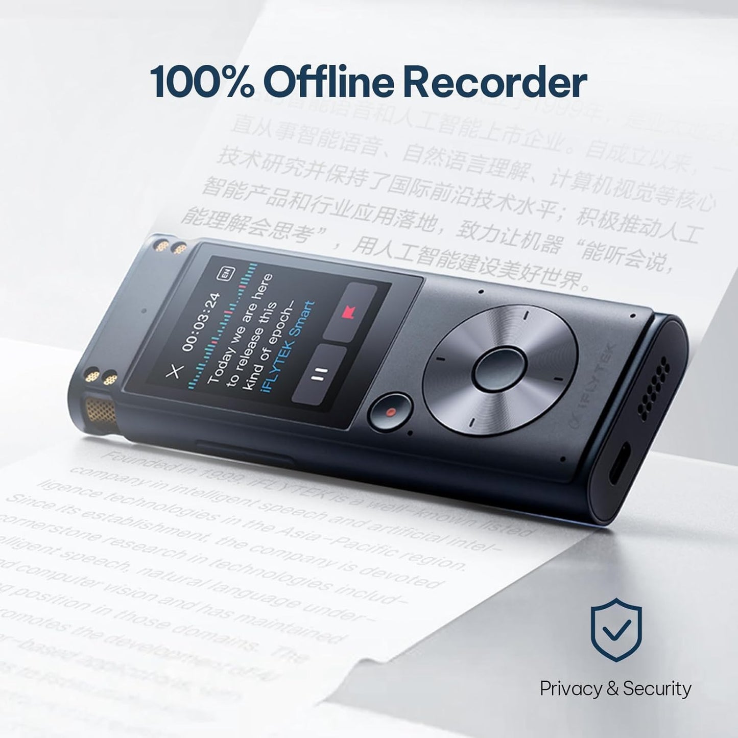 iflytek Offline Voice Recorder with AI Transcription,Recording Device with Playback Secure Digital 5-Language Voice-to-Text, Noise Reduction, AI Voice Recorder for Meetings, Interviews, Learning