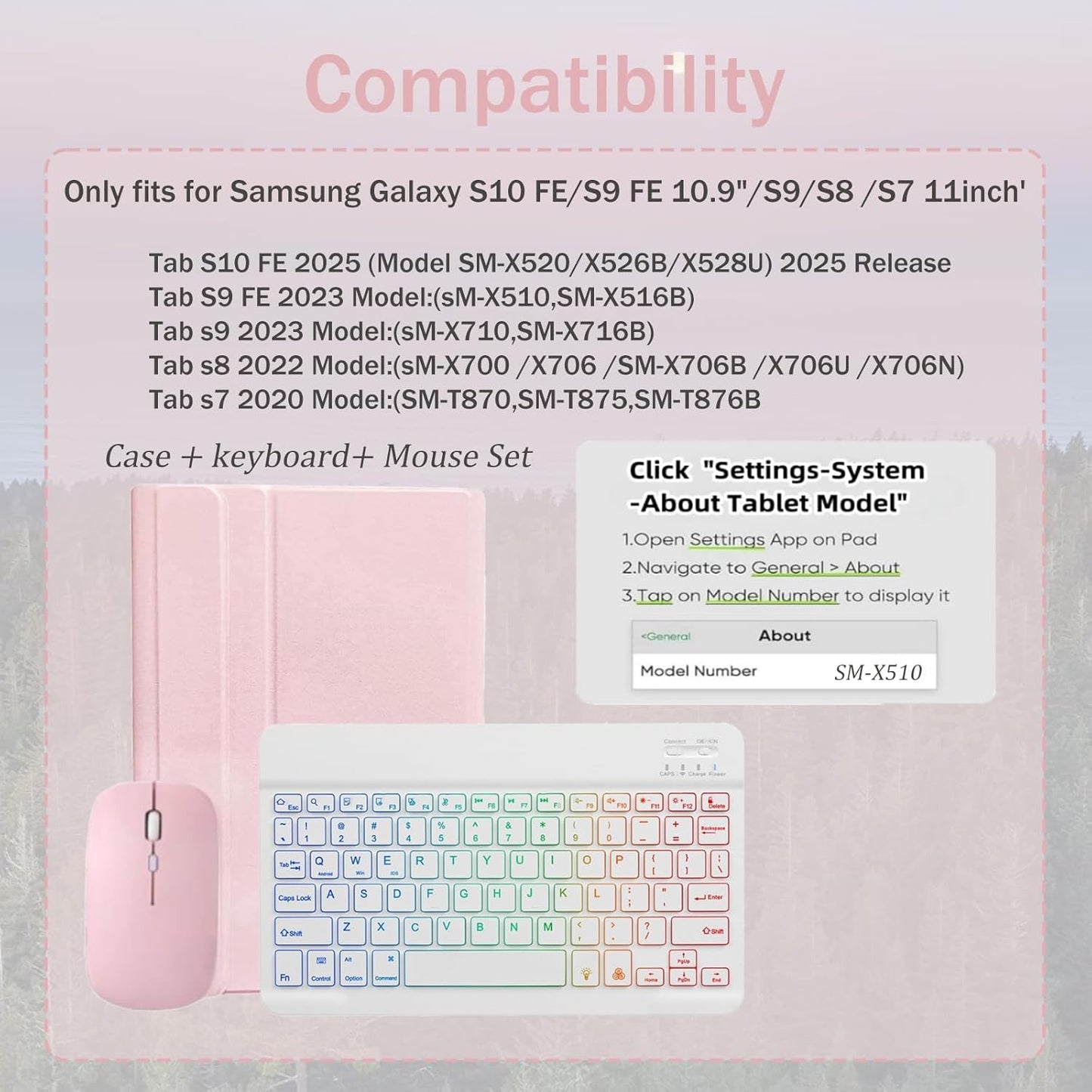 Keyboard Case for Samsung Galaxy Tab S10 FE / S9 FE 10.9 inch/Tab S9 / S8 / S7 11 inch - with 3 Color Backlit Mouse Detachable Keyboard Case