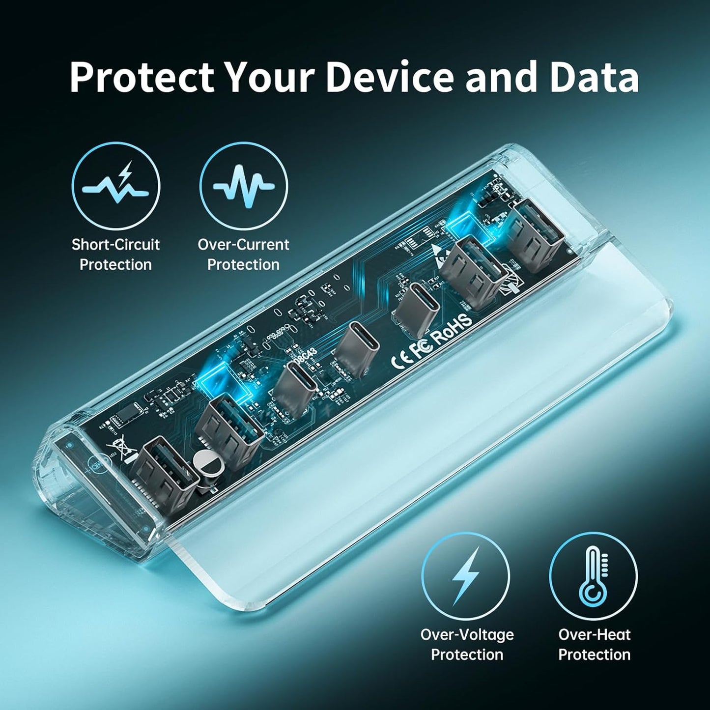 FIDECO Powered USB Hub, 7 Port 10Gbps Fast Data Hub for iPhone 16/15 and Laptop, Full Aluminum USB Splitter with 5V 3A Power Adapter, 4 USB A and 3 USB C Ports, Support BC1.2 Charging, Grey