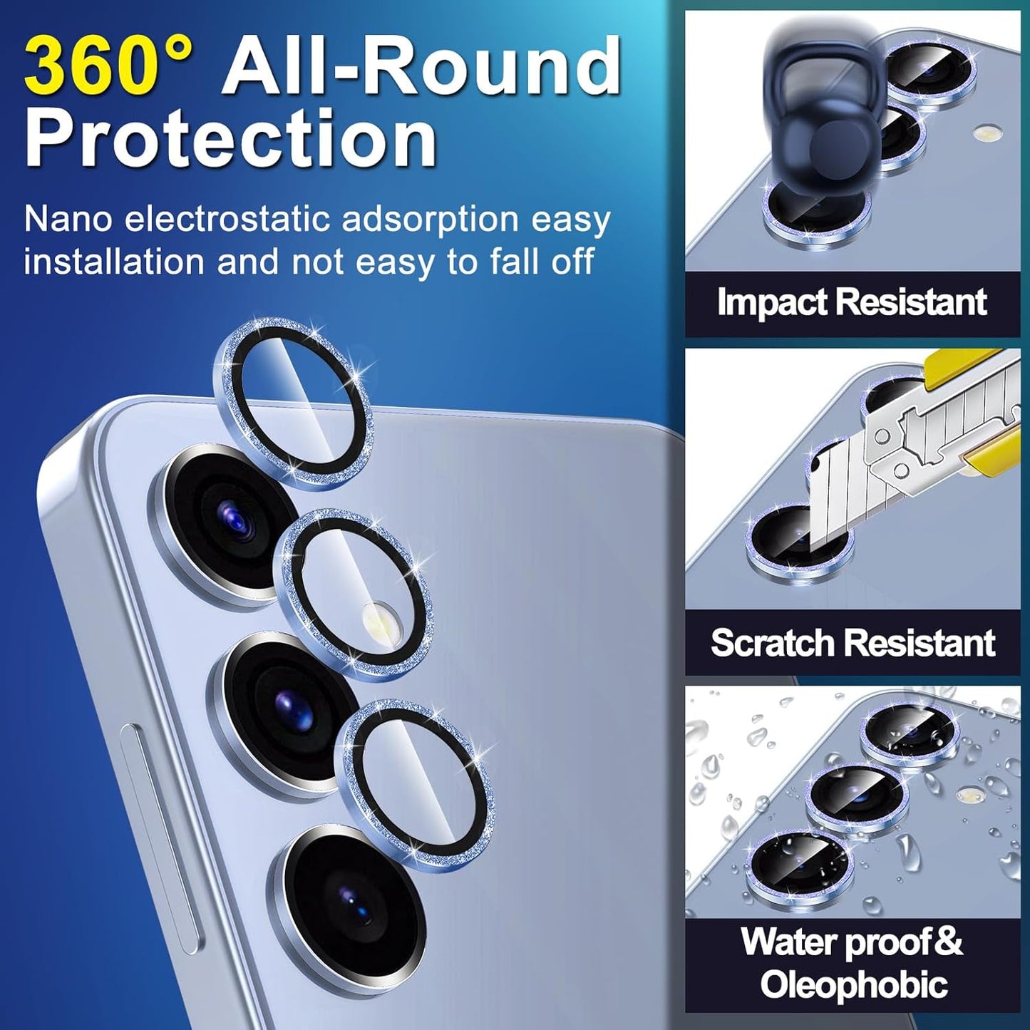 for Samsung Galaxy S25 Camera Lens Protector, Individual Metal Ring Tempered Glass Lens Cover, [Strong Adsorption] Scratch Resistant Ultra-Thin HD Clear Lens Cover, 1 Set-Blue Sparkly