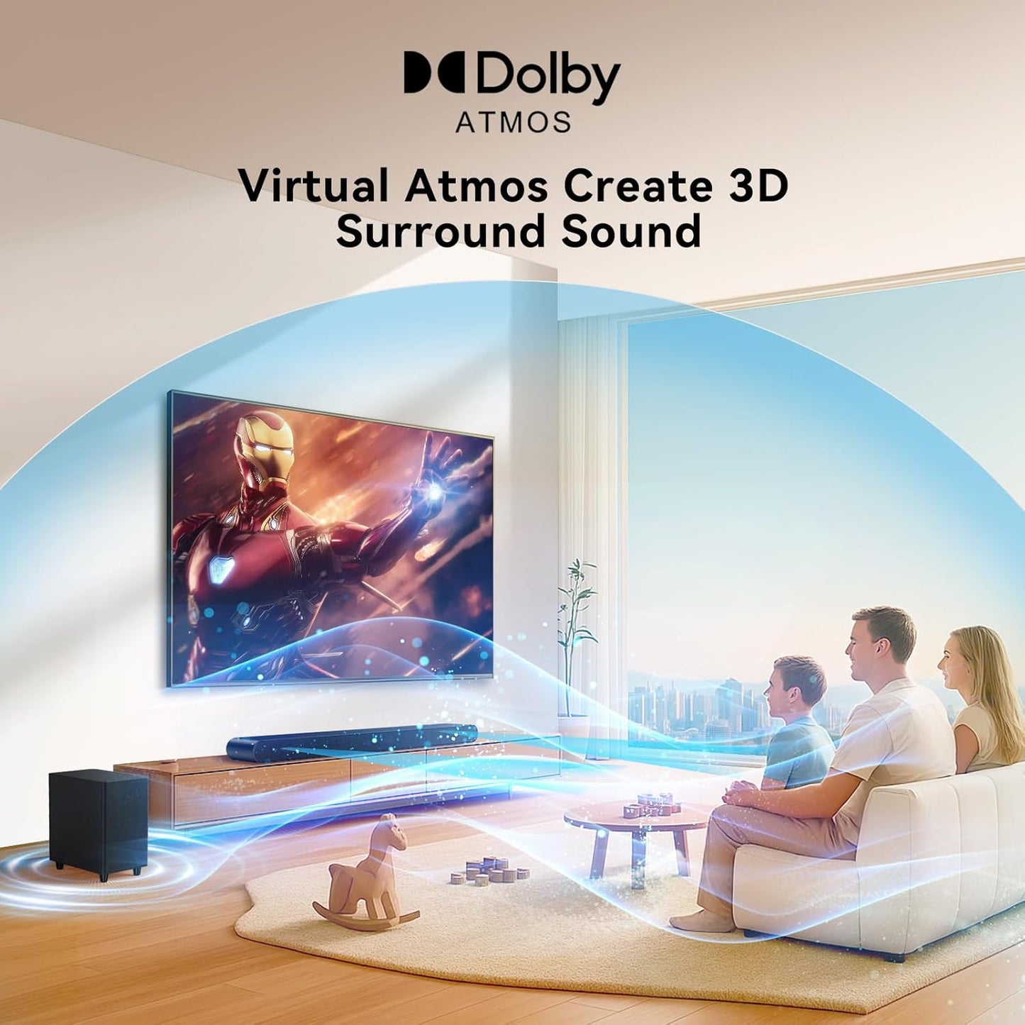 3.1CH Dolby Atmos Soundbar for Smart TV, 390w Virtual Atomos Surround Sound & Wired Subwoofer, 4K HDR Passthrough, HDMI/eARC Home Theater System