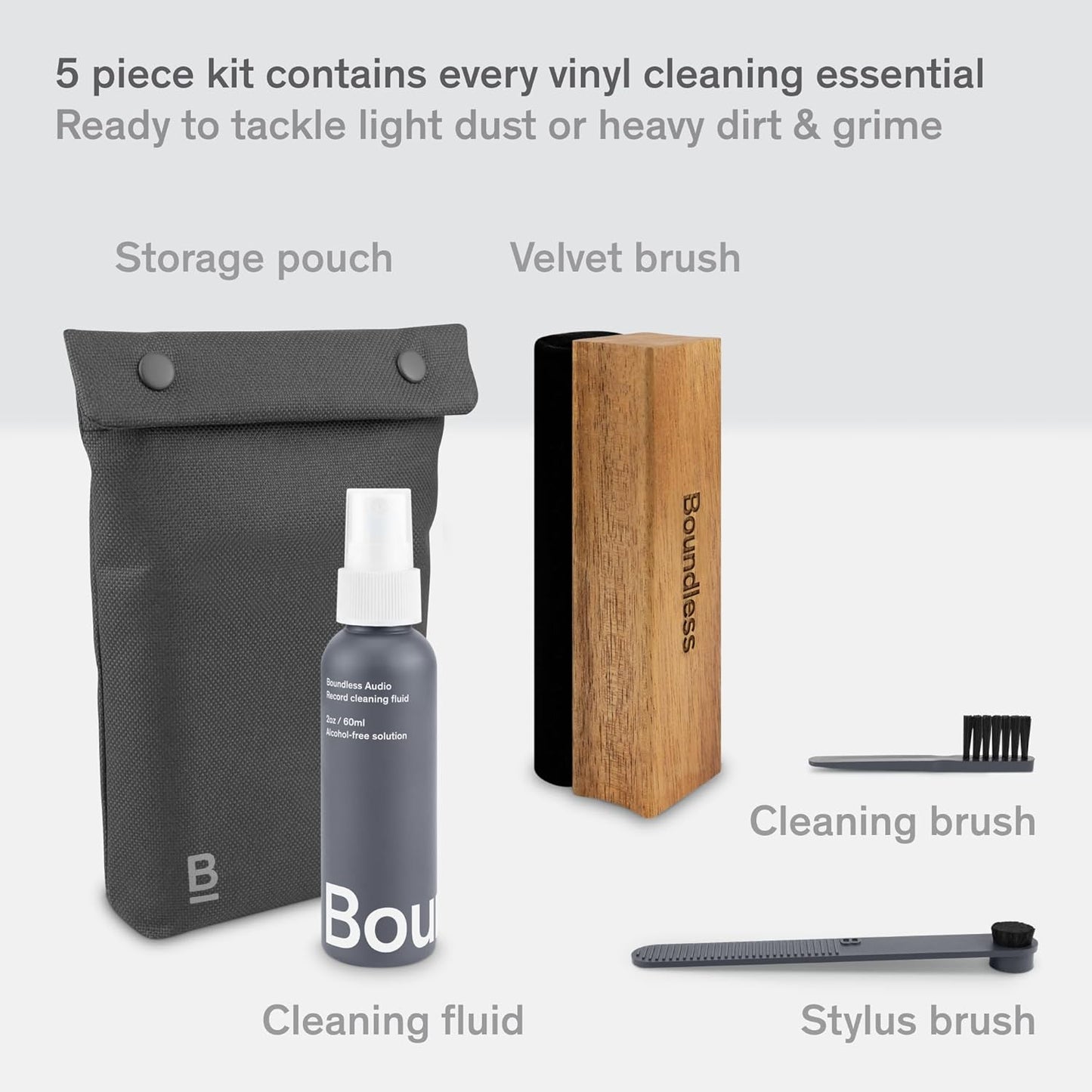 Boundless Audio Vinyl Record Cleaning Kit - 5-in-1 Vinyl Cleaning Kit Includes Velvet Record Brush, Stylus Cleaner, Cleaner Solution, Nylon Brush & Storage Bag