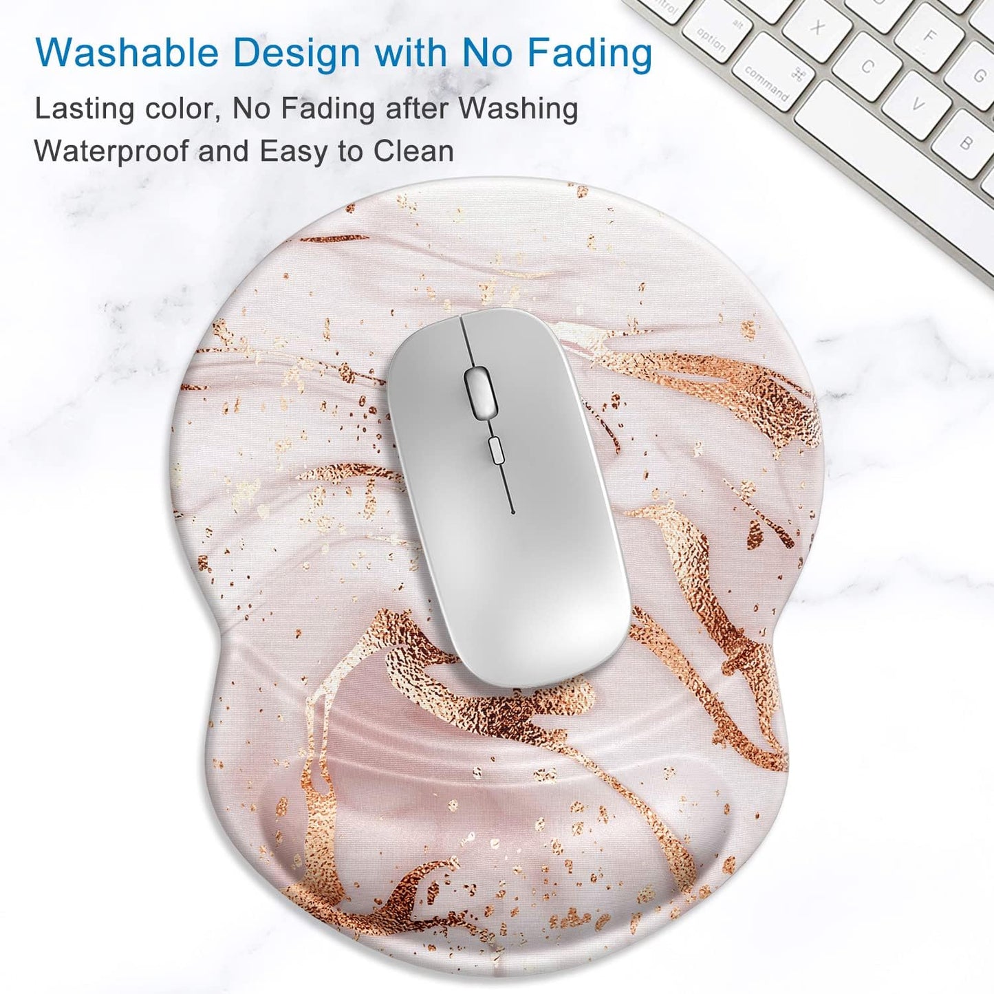 ITNRSIIET Ergonomic Mouse Pad with Gel Wrist Support Small Wrist Rest Smooth Surface Non-Slip PU Base Comfortable Office Supplies Pain Relief, 8.7 x 7.2 inches, Rose Gold Marbling