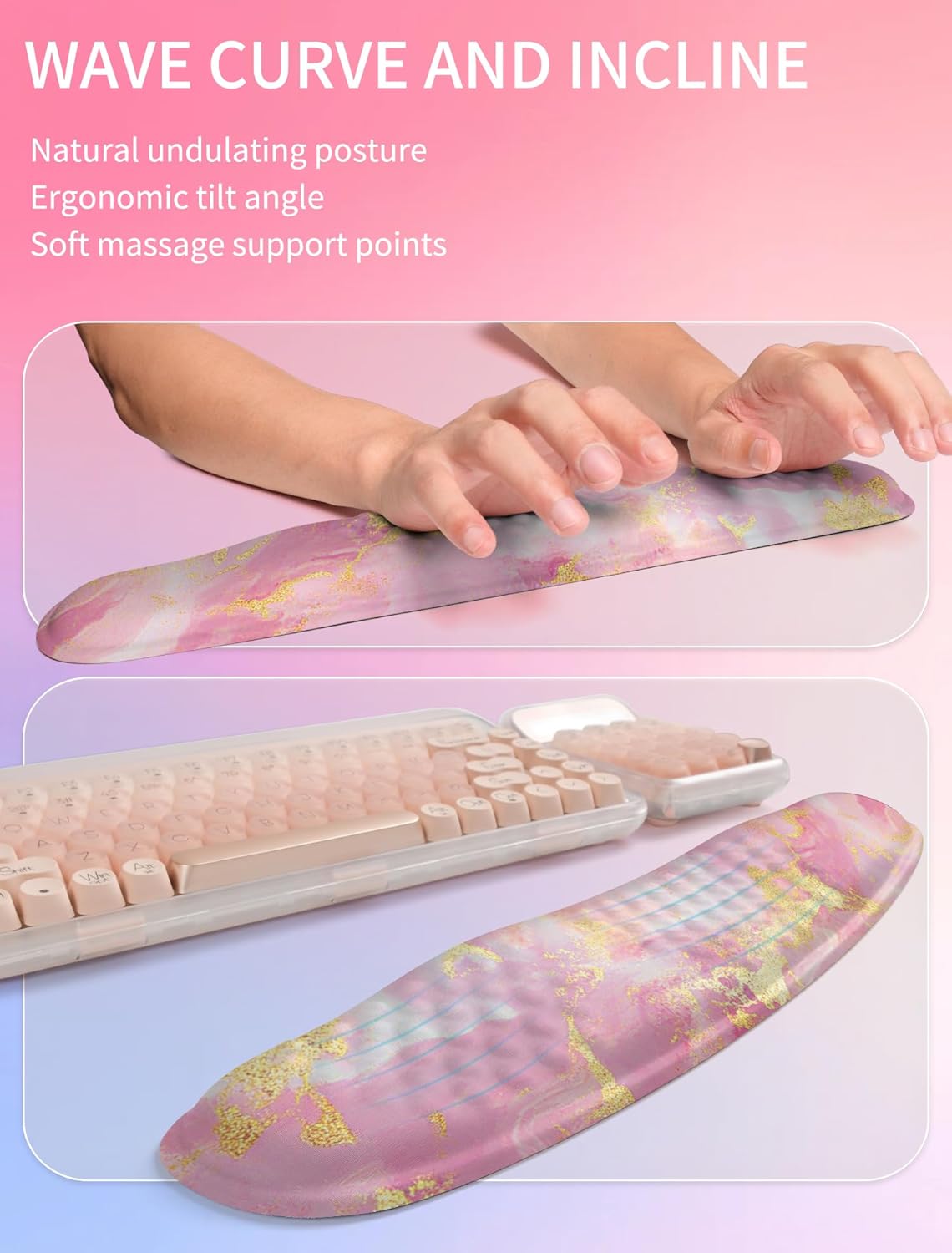 Hokafenle 2in1 Combination, Wave Keyboard Wrist Rest and Ergonomic Curvature Mouse Pad Wrist Support for Relieve Wrist Pain, Filled with Soft Cushion Memory Foam, Golden Pink Marble
