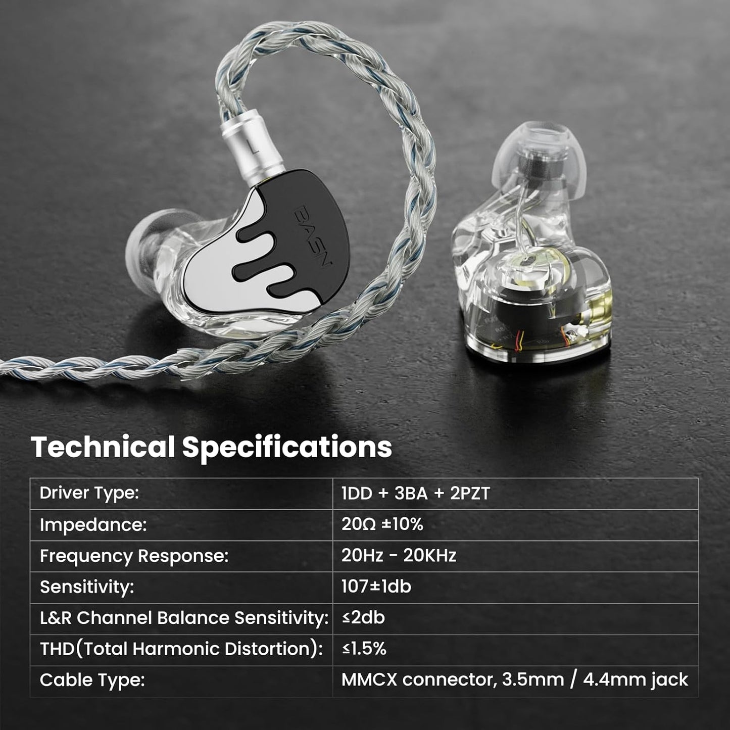 BASN BmasterX in Ear Audio Monitor, Hybrid 6 Drivers IEM Earphones with Crystal Clear Sound, Detachable Cable Plus Carrying Case & Fit Kit for Musician, Stage, Studio (3.5mm/4.4mm Jack, Black/White)