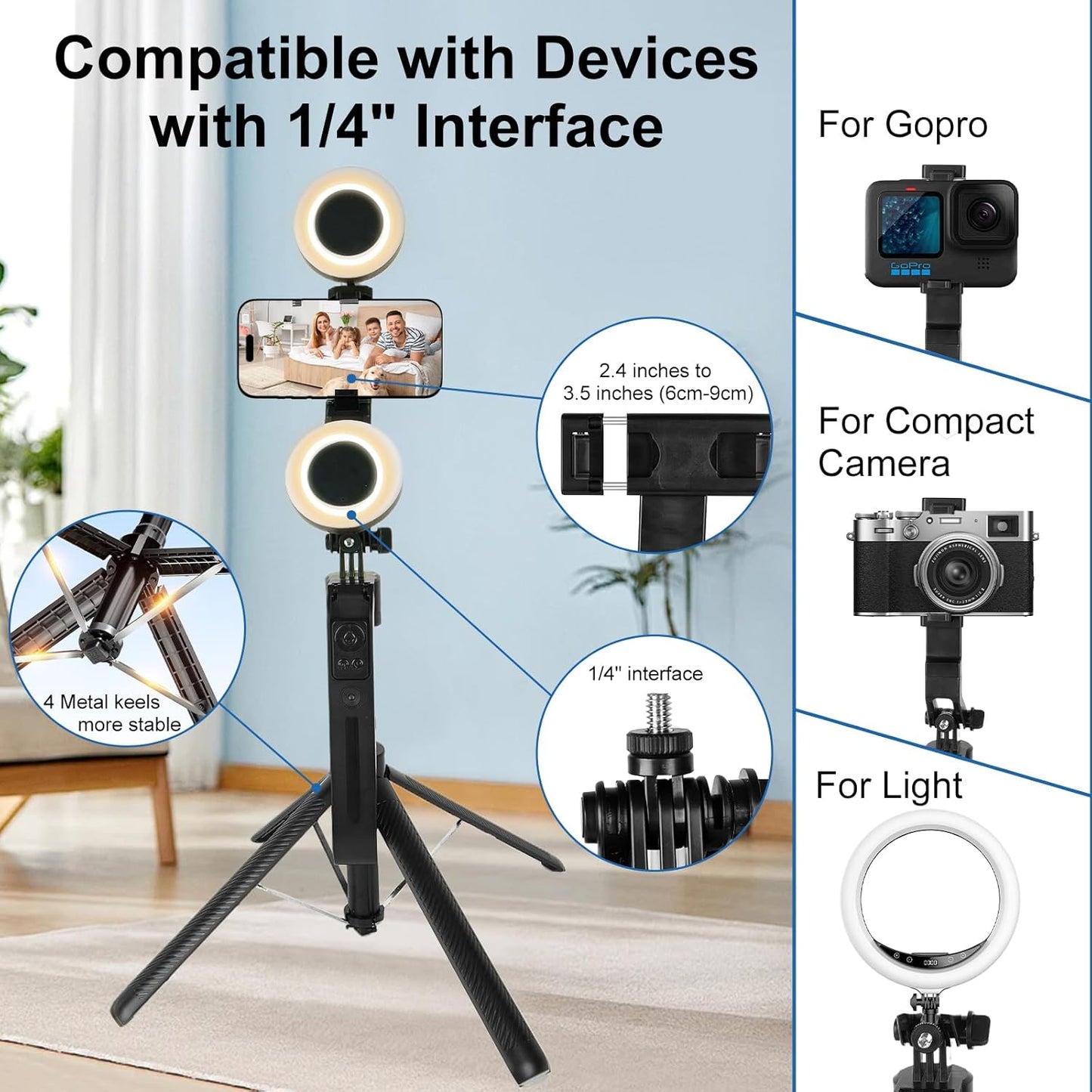 70.9" Auto Face Tracking Tripod 360° Rotation with Stand & Light, Phone Camera Holder Stand with Remote & Gesture Control, Extendable Selfie Stick for GoPro/Travel/Vlog/Video/Tiktok/Live Streaming