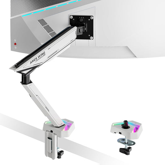 ARES WING RGB Single Monitor Arm Desk Mount for 17-45 inches Flat and Curved Monitors, Holds 35.2 lbs Heavy Duty, Adjustable Ultrawide Monitor Arm with Clamp & Grommet Base, 75/100 VESA Mount, White