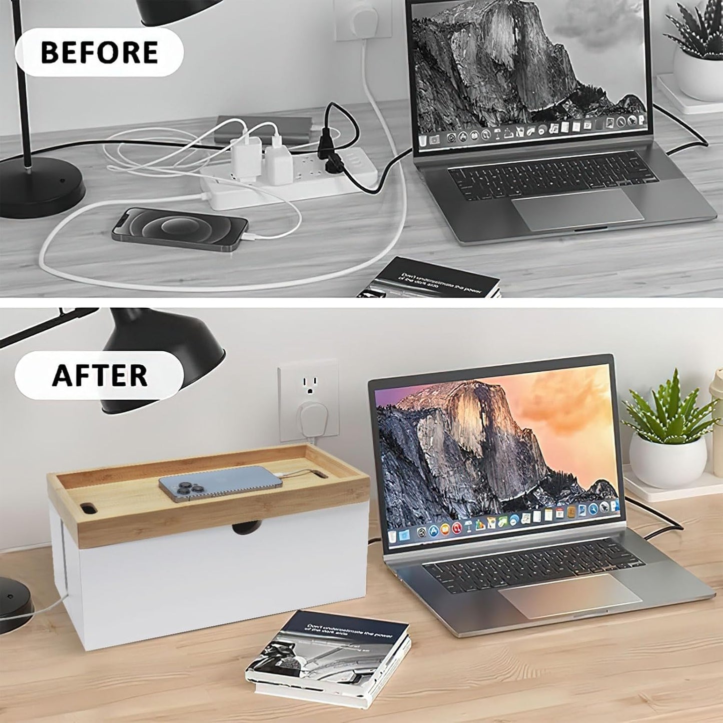 Bamboo Cable Management Box, Large Cord Organizer Box Cable Box to Hide Wires & Power Strips for Desktop Storage Cord Holder for Office Home,No Assembley Required