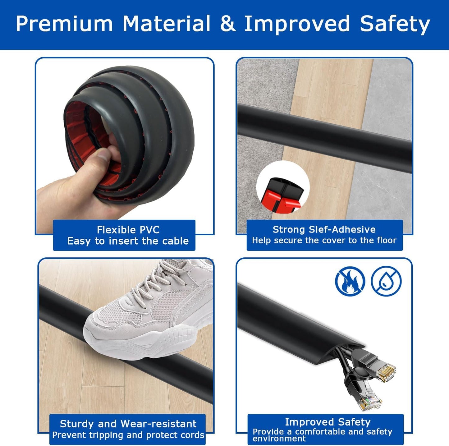 4ft Floor Cord Cover,Cord Hider Floor Black,Extension Cable Cover Power Cord Protector Floor,Floor Cable Management Prevent Cable Trips,Cord Protector Cord Cavity:0.47" (W) x 0.24" (H)