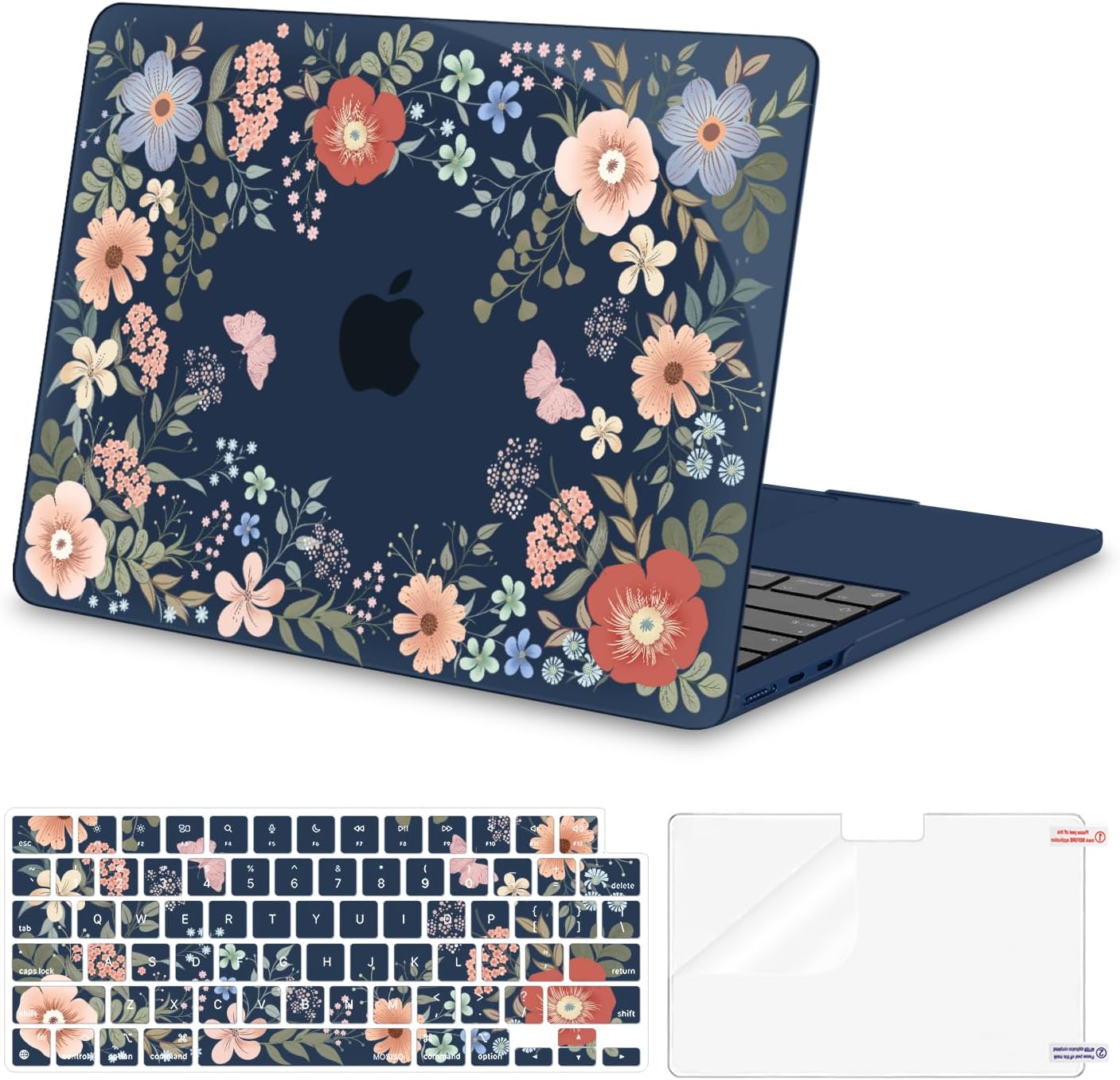 MOSISO Compatible with MacBook Air 13 inch Case 2025 2024 2023 2022 M4 A3240 M3 A3113 M2 A2681, Lush Floral Hard Shell&Keyboard Cover&Screen Protector for MacBook Air 13.6 inch Case, Blue
