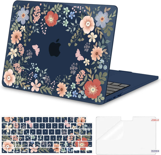 MOSISO Compatible with MacBook Air 13 inch Case 2025 2024 2023 2022 M4 A3240 M3 A3113 M2 A2681, Lush Floral Hard Shell&Keyboard Cover&Screen Protector for MacBook Air 13.6 inch Case, Blue