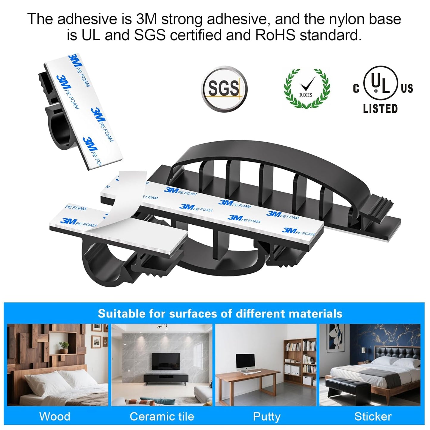 XHF 30pcs Adhesive Cable Wire Clips Kit Black, Outdoor Cable Management Wire Organizer Cord Holder for Under Desk, Car, Wall, TV PC Ethernet Cable