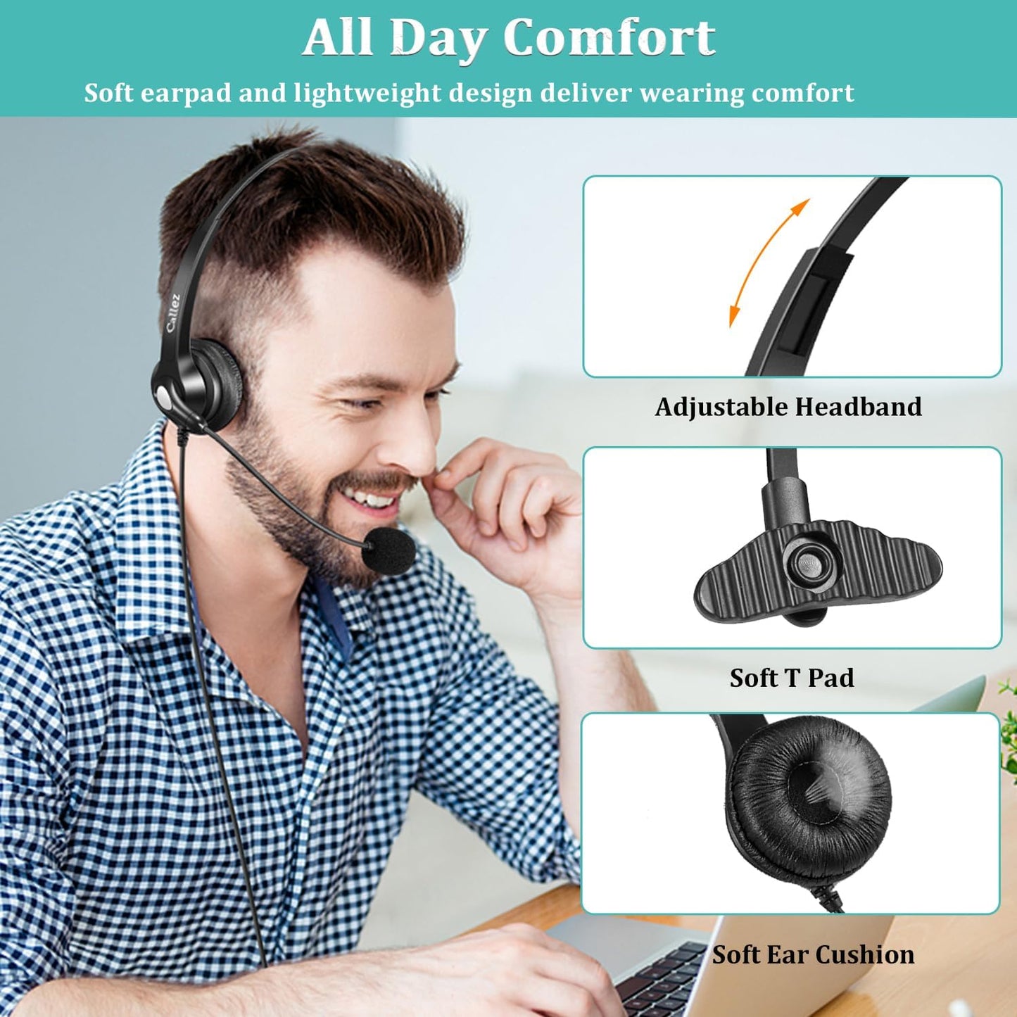 3.5mm Jack Cell Phone Headset with Microphone Noise Cancelling for PC Laptop, Wired Computer Headphones for iPhone Android Zoom Home Office Work School Classroom, in-line Control, Comfort-Fit