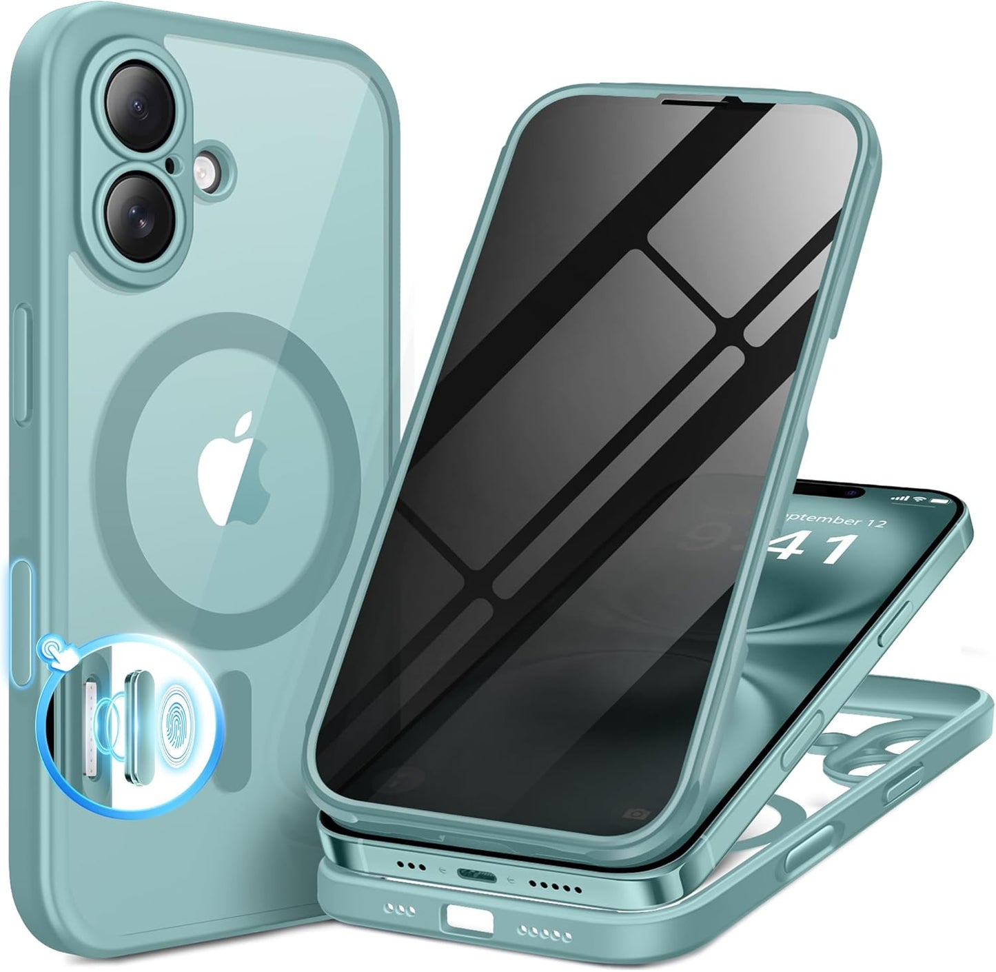 BERFY Magnetic for iPhone 16 Plus Case, Compatible with MagSafe, Built-in Privacy Screen Protector and Upgraded Camera Protection, Anti-Spy Full Body Shockproof Phone Case for 16 Plus 6.7", Green