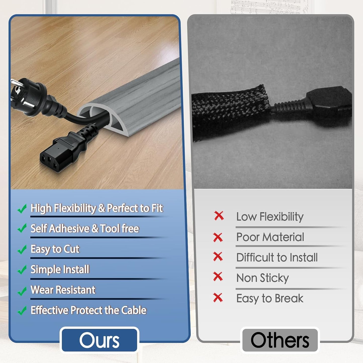 Floor Cord Cover for Wires on Floor Self Adhesive Cord Hider Floor Cable Management Wire Covers for Cords Protector Prevent Cable Trips Cord Cavity W 0.47" x H 0.27", Gray Wood, 3.3Ft