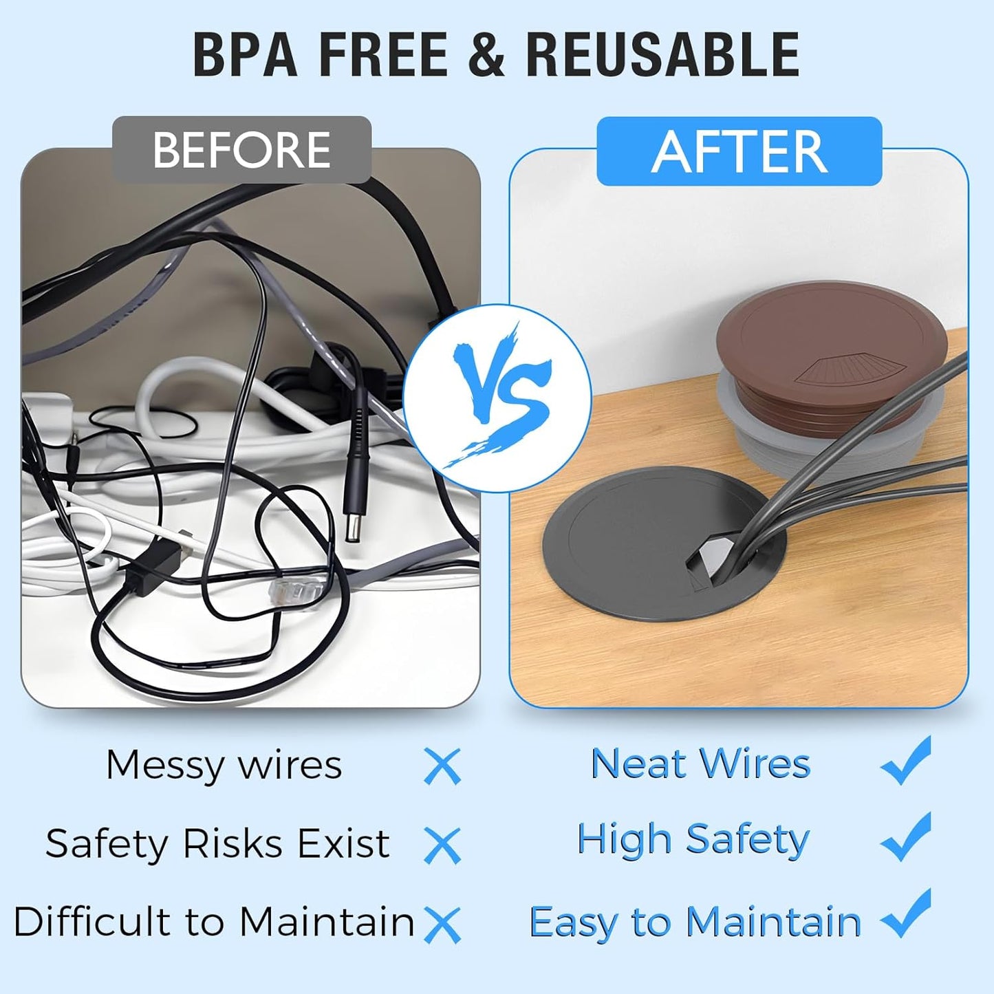 Desk Grommet 2" (50 mm), Desk Cord Hole Cover, Cable Grommet ABS Plastic, Desk Hole Grommet for Office and Home Table Cable, Detachable Adjustable Cable Cord Organizer (Black 2 Pcs)