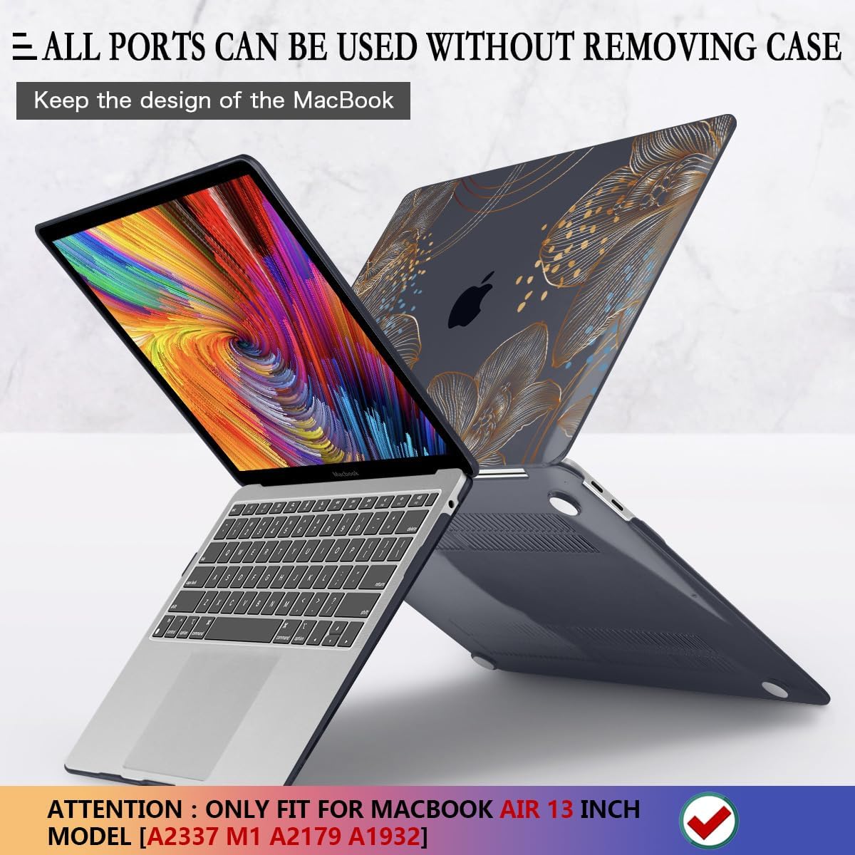 CISSOOK for MacBook Air 13 inch Case 2021 2020 2019 2018 Model M1 A2337 A2179 A1932, Black Hard Shell Case & Keyboard Cover & Screen Protector for MacBook Air 13 with Touch ID, Gorgeous Gold Floral