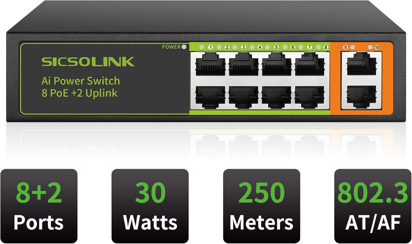 8 Ports PoE+ Ethernet Switch 2 Uplink 802.3af/at 120W Total Power 100Mbps Network Hub 20 Gbps Switch Capacity Unmanaged PoE Switch Suitable for IP Cameras Home & Office.