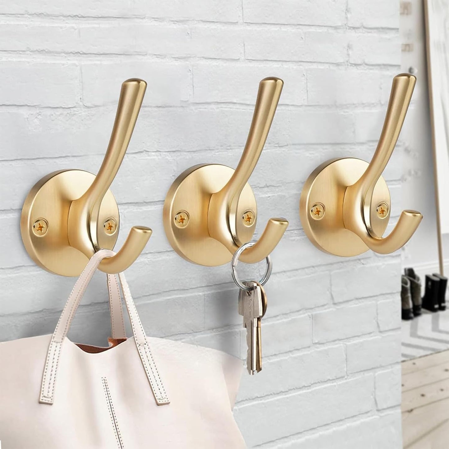 4 Packs Gold Coat Hooks, Silver Robe Hook, Decorative Towel Hooks, Heavy Duty Double Prong Wall Hooks, Metal Closet Hooks, Hat Hooks for Hanging for Bathroom, Kitchen and Office