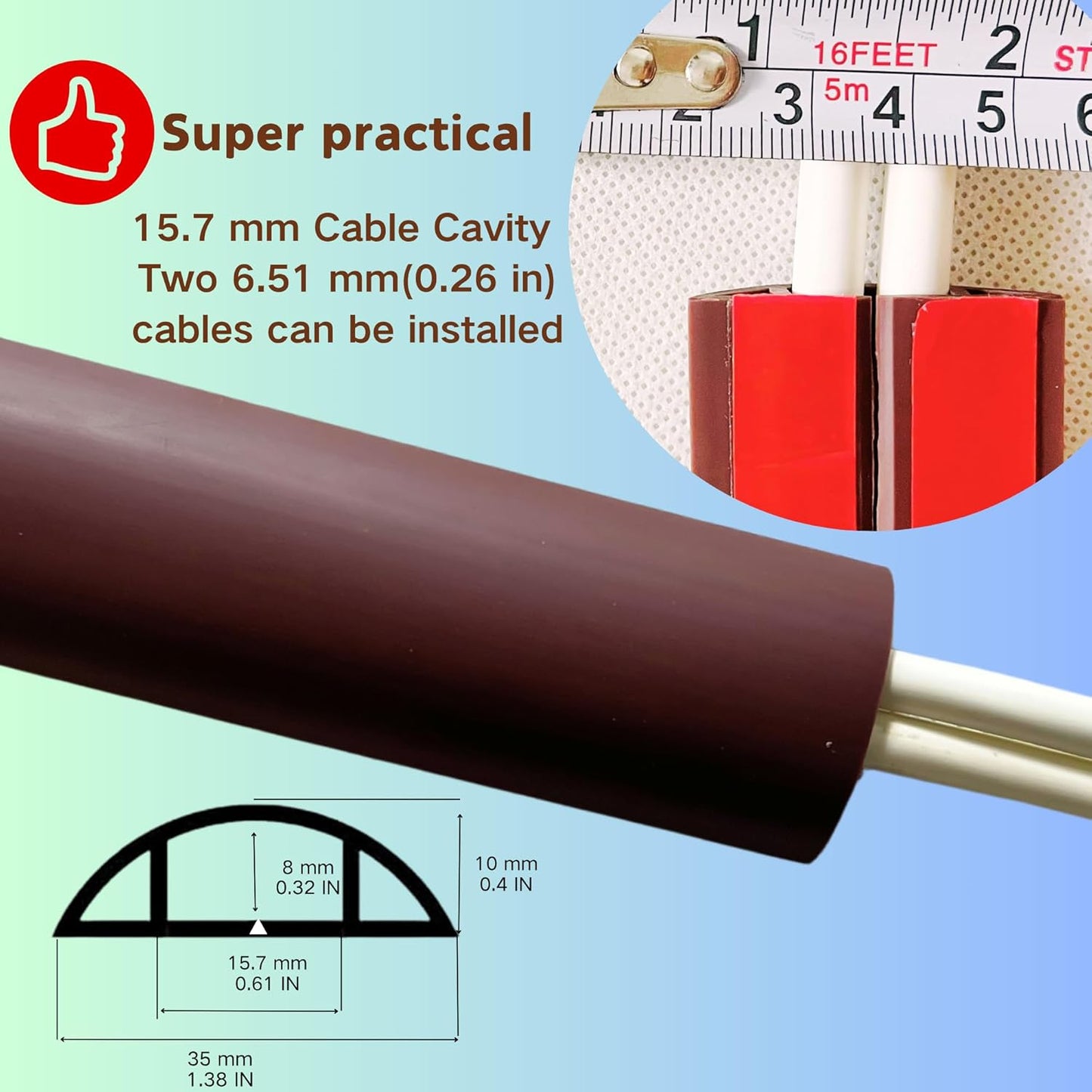 10ft Floor Cord Cover Self Adhesive Cord Hider Floor, Heavy Duty Cable Protector, Hide Extension Cords, Cable Management Hide Cords on Floor, Cable Cavity:0.61"(W) x 0.32"(H) Brown