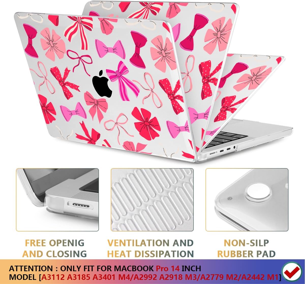 CISSOOK Compatible with MacBook Pro 14 inch 2024 2023 2022 2021 Release M4 M3 M2 M1 Chip A3112 A3185 A3401 A2918 A2992 A2779 A2442 Model, Hard Shell Case with Keyboard Cover&Screen Protector, Pink Bow
