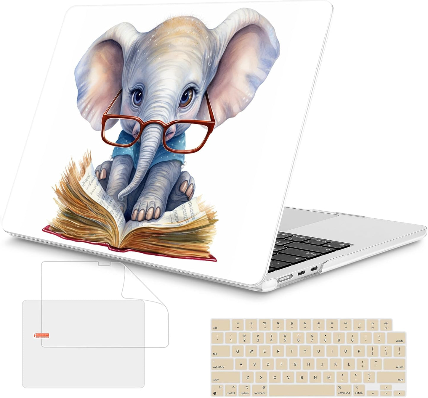 Mektron Compatible with M4 MacBook Air 15 inch Case 2025 A3241 2024 2023 M3 A3114 A2941 M2 Liquid Retina Display Touch ID, Plastic Hard Case & Keyboard Skin & Screen Protector - Cute Elephant C341