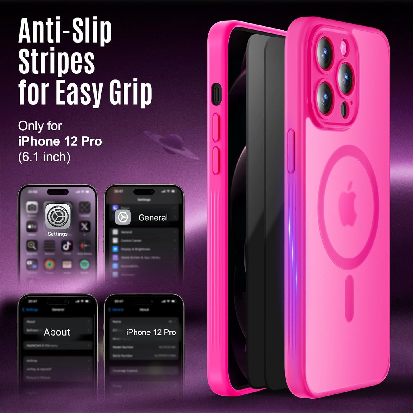Designed for iPhone 12 Pro Case, Compatible with MagSafe, with Privacy Screen Protectors X2, [Camera Protection] [15FT Military Drop Protection] Shockproof Phone Case, 6.1", Hot Pink