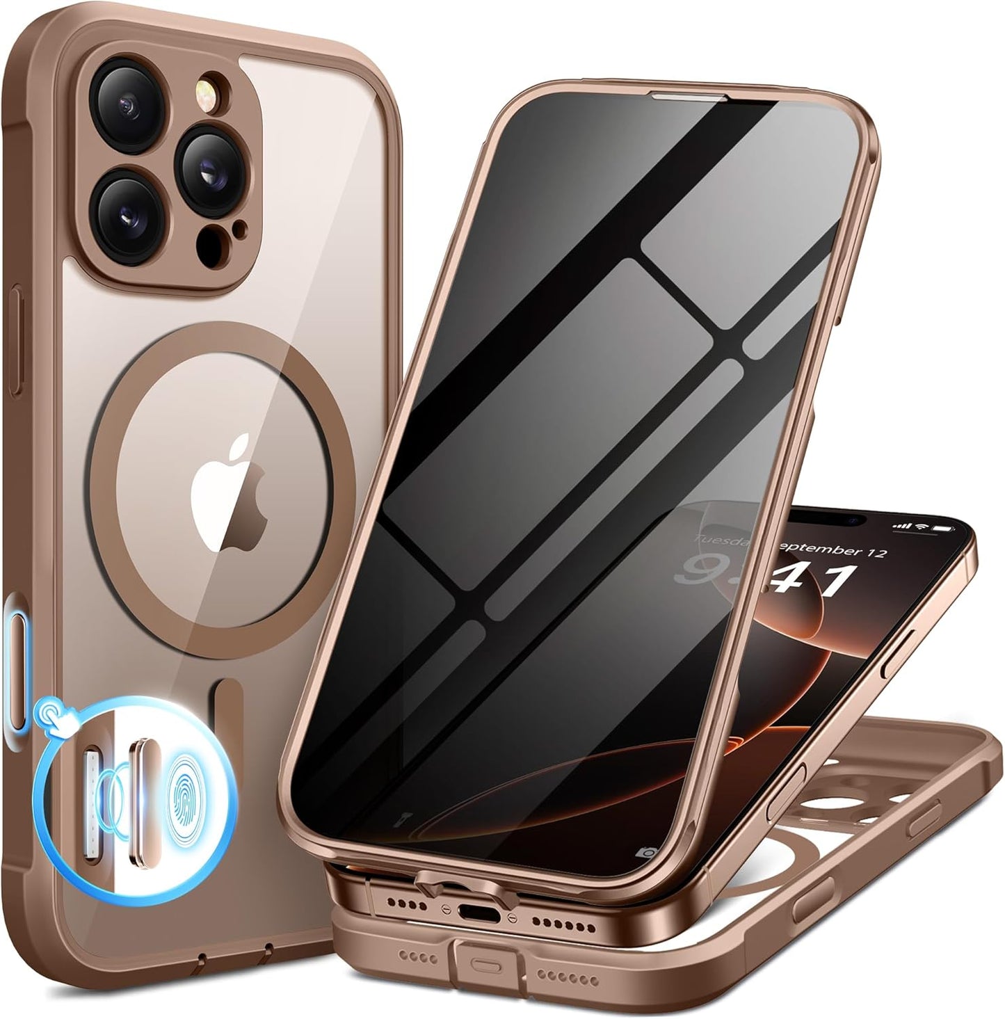 BERFY Magnetic for iPhone 16 Pro Max Case,Compatible with MagSafe, Built-in Privacy Screen Protector and Upgraded Camera Protection, Anti-Spy Full Body Shockproof Phone Case for 16 Pro Max 6.9", Brown