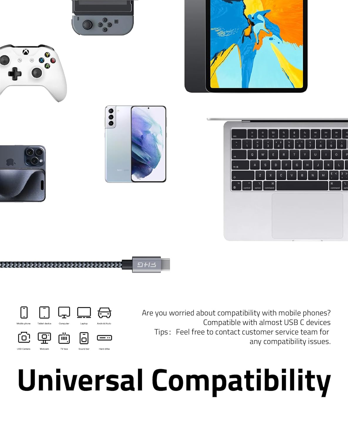 FHG USB C to USB C Cable 6FT 2Pack, PD 60W/3A C to C Cable Fast Charging from 20% to 90% in 30mins, 5Gbps USB C to USB C Data Cable, Nylon Braided Compatible for iPhone 15/Samsung/Android Auto