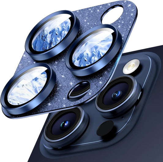 Camera Lens Protector for iPhone 16 Pro Max/16 Pro/15 Pro Max/15 Pro/14 Pro Max/14 Pro, Aluminum Alloy Sapphire Glass Camera Screen Cover, Case Friendly- Glitter Blue