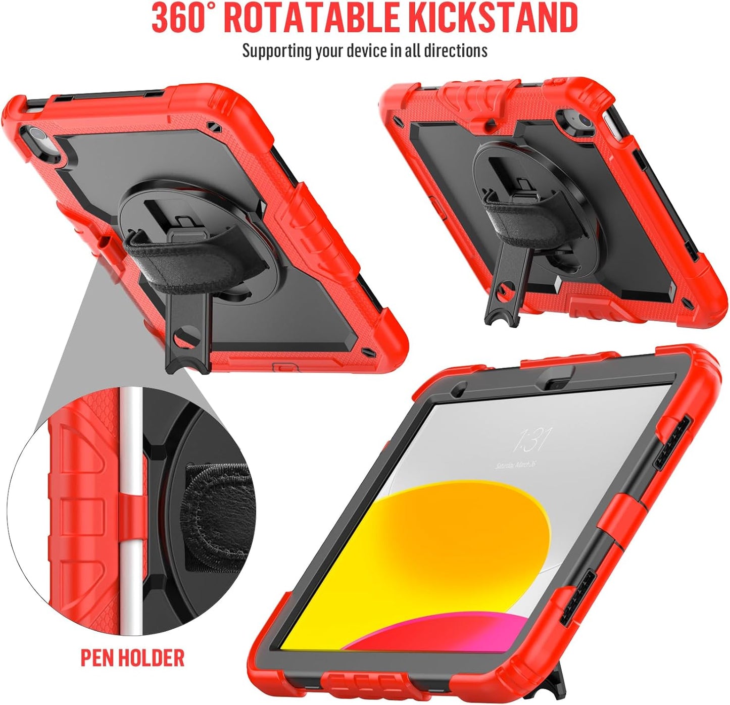BLOSOMEET Case for iPad A16 11th/10th Generation 11''/10.9'' 2025/2022 with Tempered Glass Screen Protector & Pencil Holder, Rugged Military Grade Cover w/Stand Hand Shoulder Strap, Red