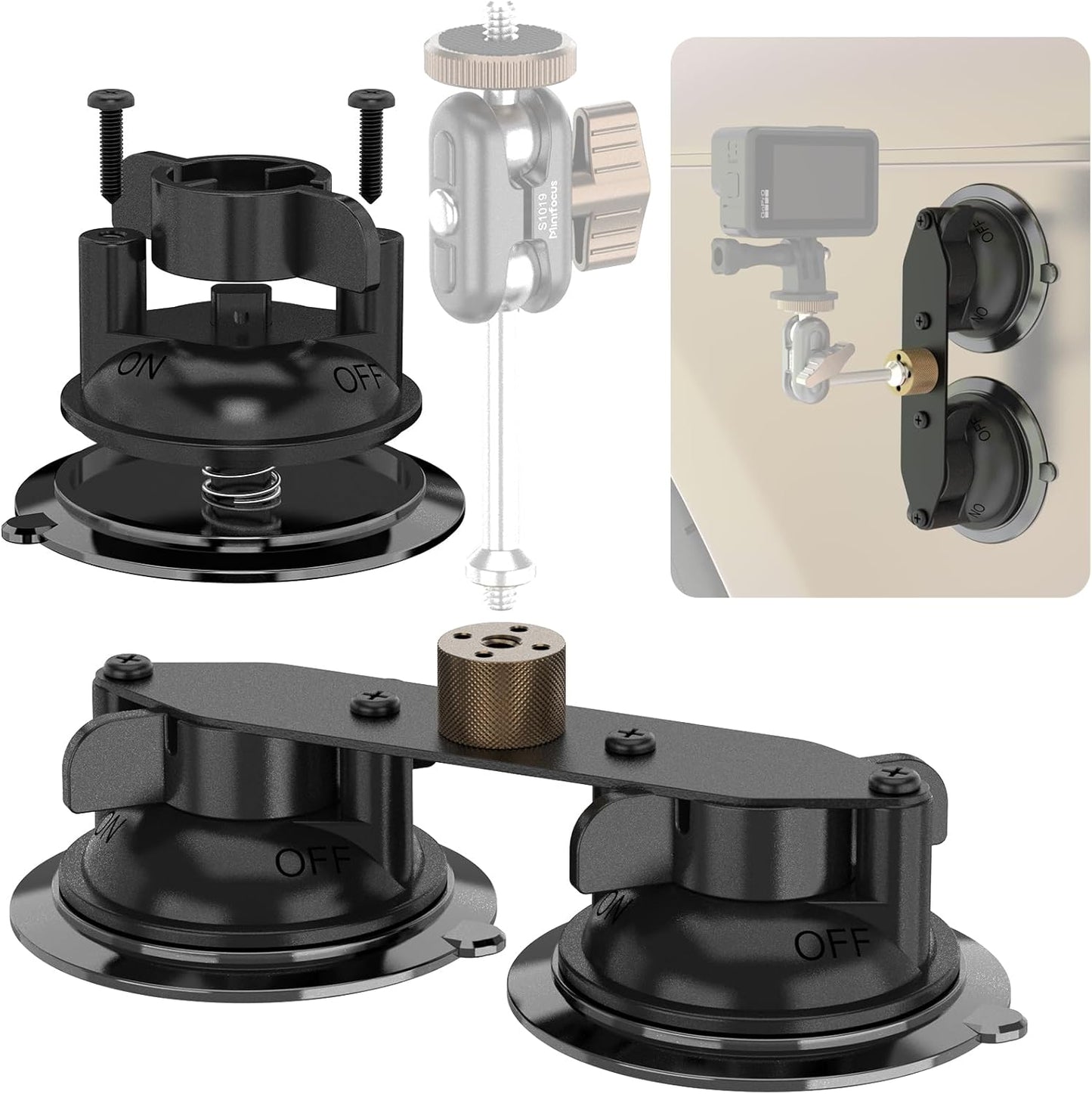 MINIFOCUS Dual Suction Cup Mount, Twist-Lock Dual Suction Cup Base with Camera Thread Adapter, Quick Release Double-Layer Suction, Windshield Window Car Mount for Magic Arm Gopro Adapter