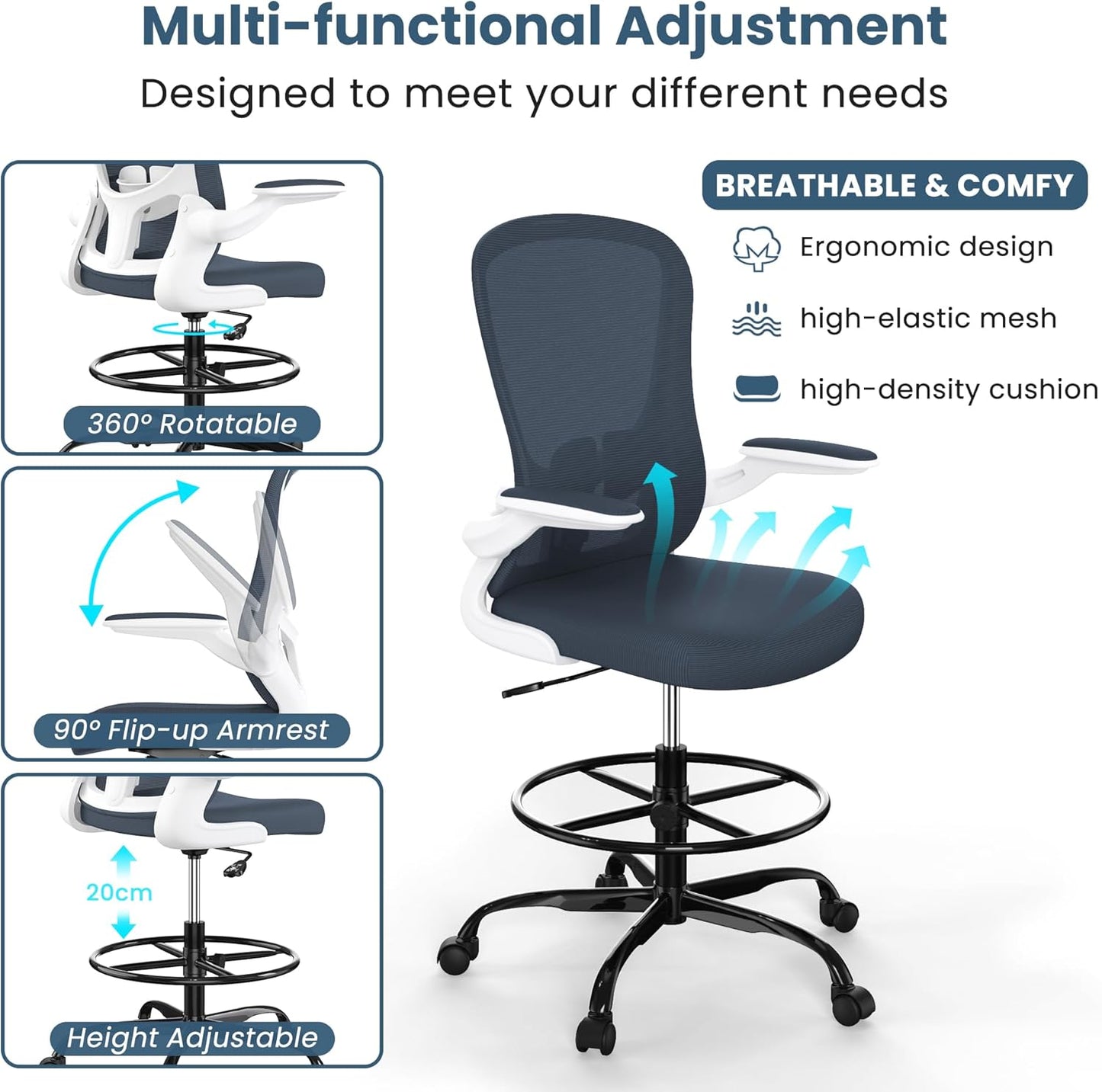 Drafting Chair, Tall Office Chair with Flip-up Armrests Executive Ergonomic Computer Standing Desk Chair, Office Drafting Chair with Lumbar Support and Adjustable Footrest Ring